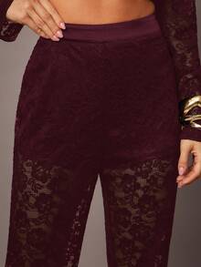 Silquee Quần âu tối giản phối ren họa tiết đơn sắc dành cho nữ mặc hàng ngày - Màu Đỏ Sâu - Xem 9