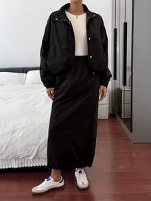 Livesso 女士秋冬加厚休闲宽松户外街头立领夹克外套和直筒裙两件套 - 黑色 - 查看 4