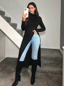 Editum 女士时尚纯色高领高低下摆 T 恤，秋冬季黑色长袖上衣秋季女装 - 黑色 - 查看 3