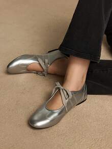 Rosivie 女士新款黑色圆头平底鞋，弹力皮革时尚芭蕾平底鞋，舒适防滑外底，适合户外、日常通勤、春夏季 - 銀色 - 查看 8