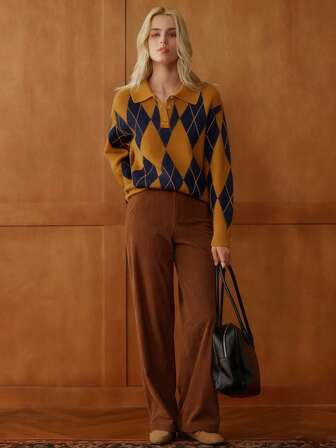 Écloséra Fransk retro lös polokrage långärmad stickad färgblocksmönster med diamantmönster och halvknappsdesign i kakifärgad damtröja, höst/vinter