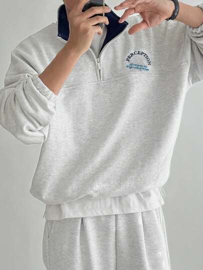 DAZY 男士字母印花撞色领套头卫衣，带保暖内衬，秋冬款