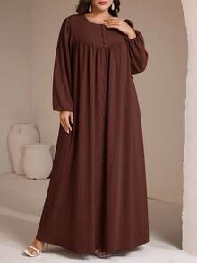 Veilorie Große Größen Damen Einfarbiges Einreihiges Kleid mit Rundhalsausschnitt, Ballonärmeln und weiter arabischer Silhouette