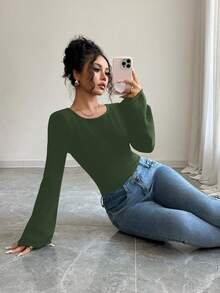 SHEIN Elenzya Áo len nữ màu trơn cổ tròn, vai thường, tay dài, dáng ôm, cổ tay loe, kiểu dáng thường ngày. - xanh quân đội - Xem 5