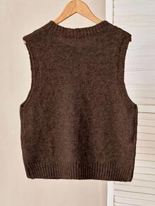 Modelyn Women's Solid Color Embroidered Crew Neck Sweater Vest,Fall,Fall Clothes For Women,Winter Clothes For Women - Coffee Brown - View 6