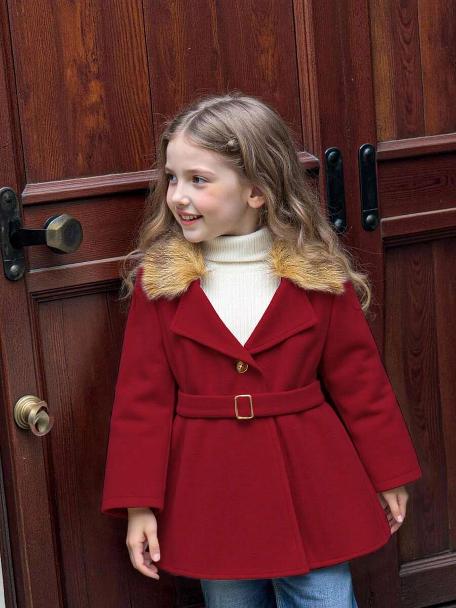 SHEIN Elladie kids Cappotto invernale da ragazza con colletto in pelliccia, autunno/inverno - Rosso - Visualizzare 1