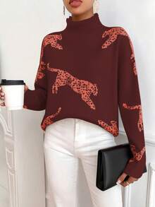 SHEIN Clasi Sweater Pullover Kasual Wanita Motif Leopard dengan Kerah Tegak - Coffee Brown - View 3