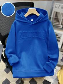 SHEIN Teen Boys' Casual Hooded Sweatshirt, Embossed English Text, Long Sleeve, Autumn, Winter, Sports, Baby Blue, Y2k, Graduation, Back-To-School, Versatile Sweatshirts - Royal Blue - View 12