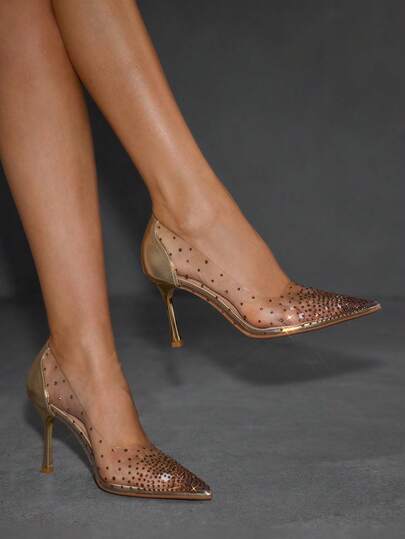 CUCCOO SZL Women's Fashion Pointed Toe Gold PU Splicing Transparent TPU Crystal Stiletto High Heel Party Shoes For Christmas