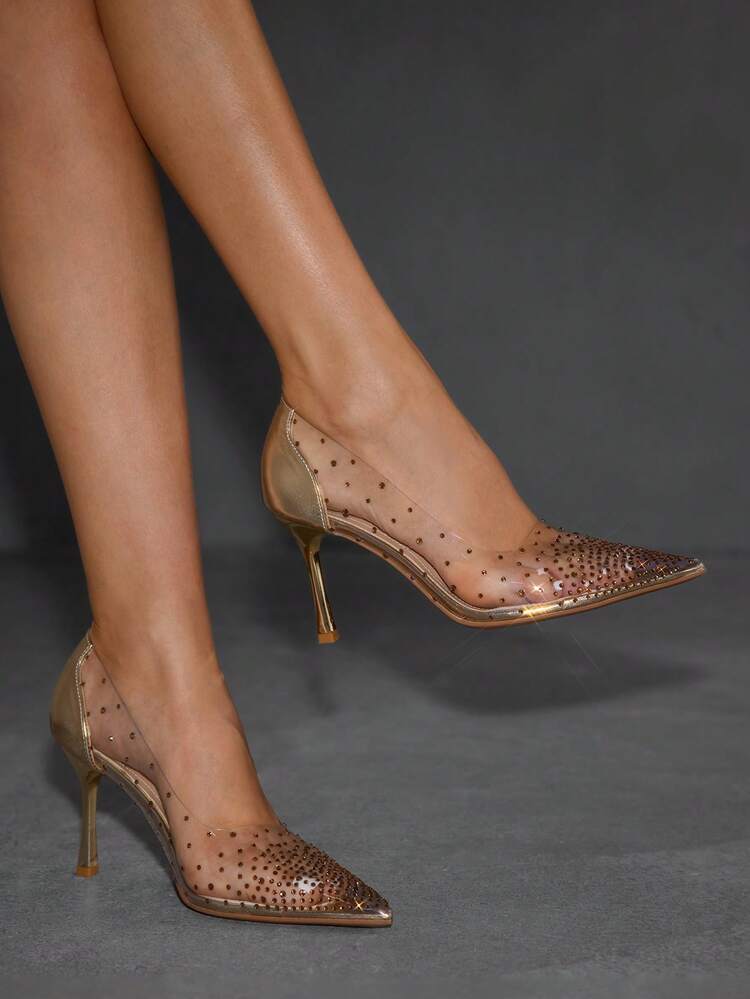 CUCCOO SZL Women's Fashion Pointed Toe Gold PU Splicing Transparent TPU Crystal Stiletto High Heel Party Shoes For Christmas Spring Shoes