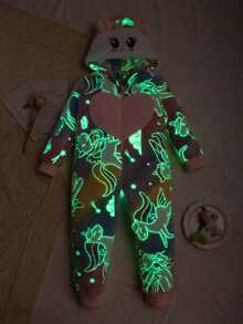 年轻女孩可爱夜光紫色毛绒刺绣脸连帽长袖舒适休闲连体裤家居服 - 紫色 - 查看 9