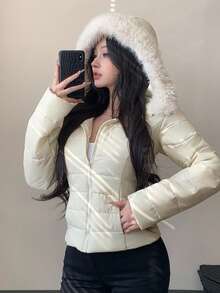 DAZY 女式休闲毛领拼布棉服外套，秋冬 - 米色 - 查看 3