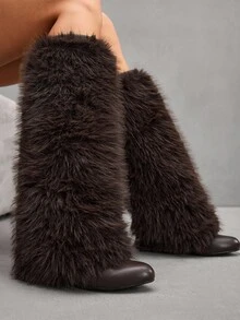 CUCCOO SZL 女士时尚人造毛皮尖头过膝靴 - 咖啡棕 - 查看 9