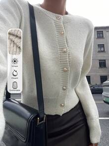 DAZY Áo khoác len cardigan màu trơn trang trí sequin lấp lánh, phong cách thanh lịch thường ngày khi đi làm dành cho nữ, mùa thu/đông, Giáng sinh - Màu be - Xem 2