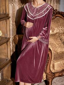 PalaceNights 复古宫廷风天鹅绒长款刺绣蕾丝拼接流苏V领长袖孕妇睡裙，冬季 - 紫色 - 查看 1