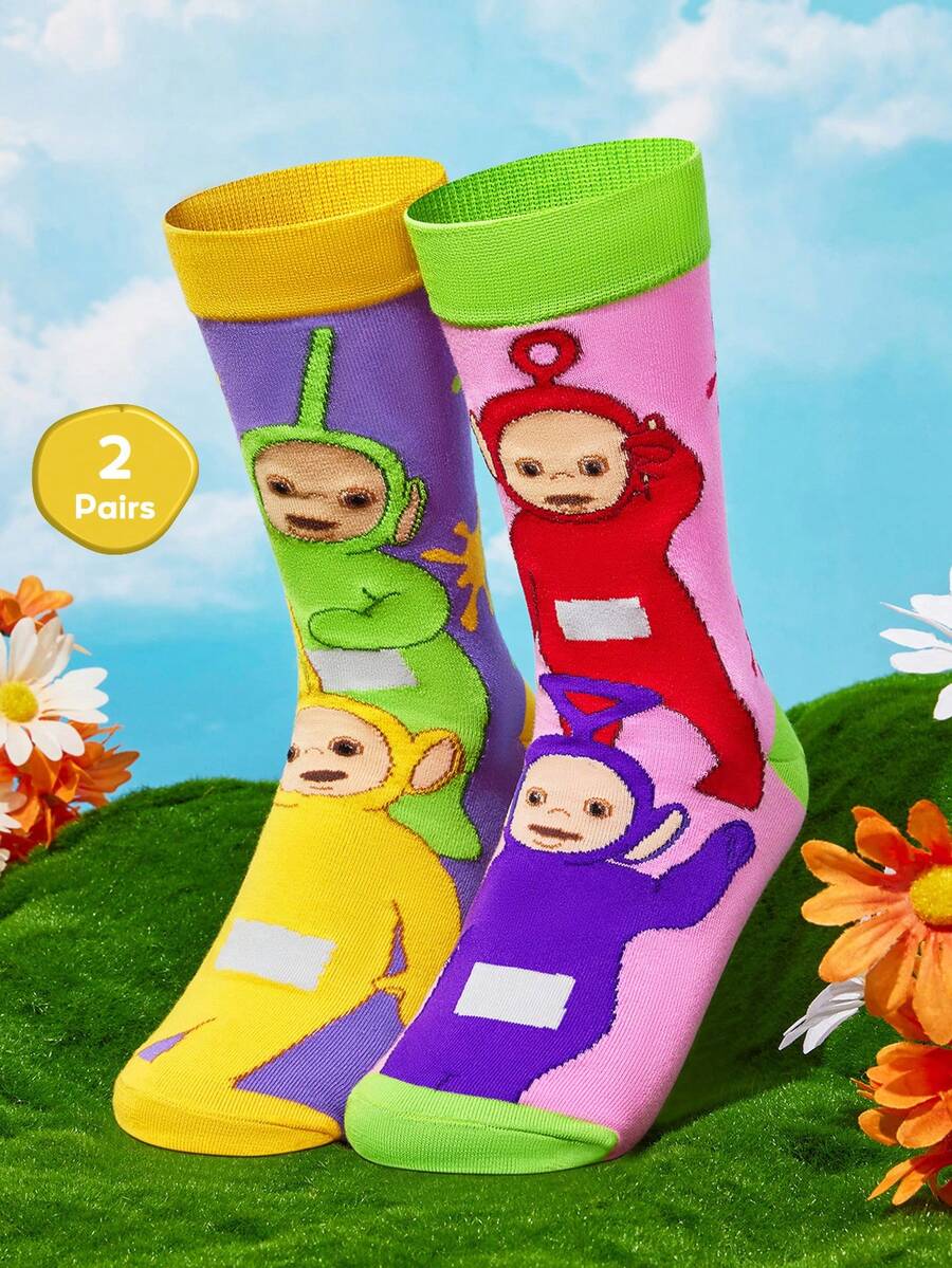 Teletubbies X SHEIN 2Pairs Soft & Breathable Moisture-Wicking Casual Women Mid-Calf Socks With Cute Cartoon Pattern Fashionable Pink & Purple Crew Socks Reinforced Toe & Heel For Durability All Season All-Match Summer Winter