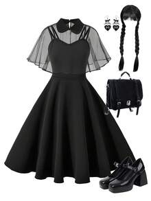 Bộ 2 khăn choàng lưới cổ lọ + váy dây mảnh cho bé gái, trang phục thường ngày mùa hè - màu đen - Xem 1