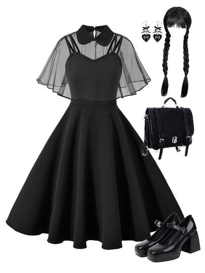 2 pièces/set Châle en maille avec col + robe à bretelles fines, tenue d'été décontractée pour filles