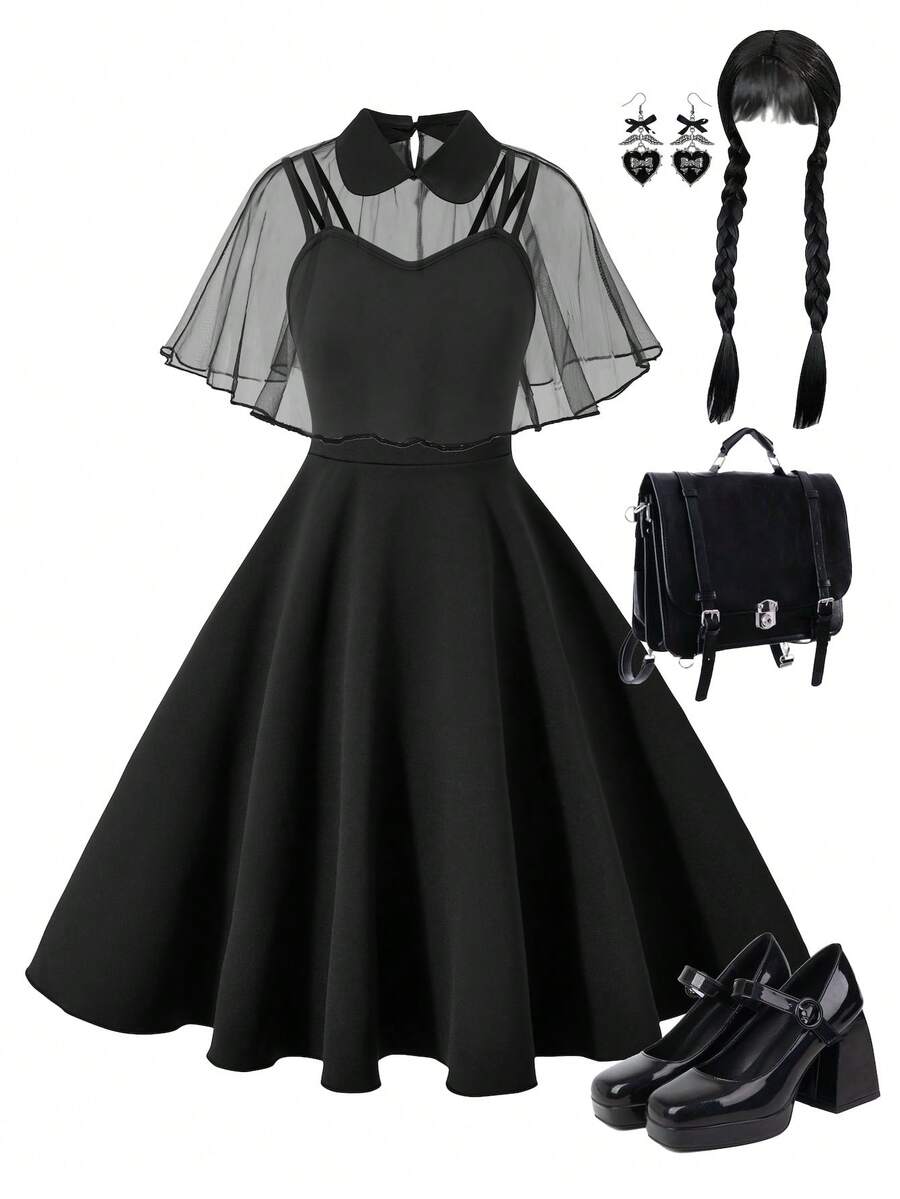 Bộ 2 khăn choàng lưới cổ lọ + váy dây mảnh cho bé gái, trang phục thường ngày mùa hè - màu đen - Xem 1