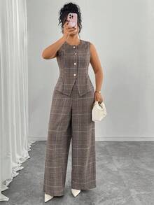 Elenzga 大码女式优雅通勤格子单排扣背心和阔腿裤两件套 - 棕色 - 查看 3