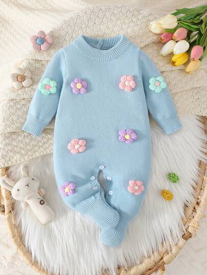 SHEIN 女婴针织长袖连体衣，舒适连帽连体衣，适合秋冬季，优雅百搭，适合日常穿着、室内、户外、旅行