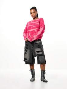 SUMWON WOMEN Suéter corto texturizado y esponjoso con patrón abstracto para capas de otoño e invierno - Rosa Fucsia - Ver 5