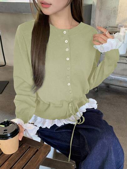 DAZY 女式拼布撞色荷叶边拼接长袖圆领抽绳系带休闲毛衣，秋冬款