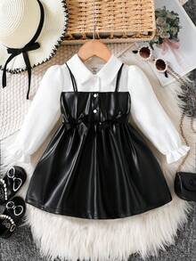 SHEIN Playful Pals 女婴领口泡泡袖二合一A字裙。经典A字廓形，适合各种体型的宝宝。独特的领口设计增添一丝正式感，巧妙的泡泡袖设计则甜美俏皮。二合一设计营造视觉深度。无论是外出还是休闲居家，这款连衣裙都能展现宝宝活泼可爱的天性。 - 黑色 - 查看 3