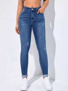 Flexra Spring High Waist Ripped Slant Pocket Skinny Jeans