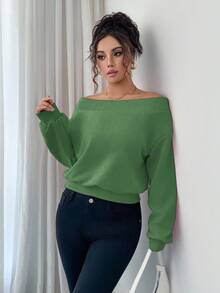 SHEIN Elenzya Elegante y romántica sudadera con hombros descubiertos, adecuada para vacaciones y viajes - Verde - Ver 6