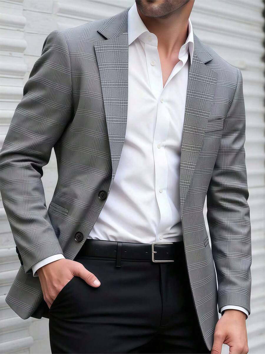 Manfinity Mode Áo khoác vest công sở nam, kết hợp vải kẻ caro xám, thích hợp mặc đi làm hàng ngày, cũng là món quà lý tưởng cho bạn trai và chồng - Xám - Xem 1