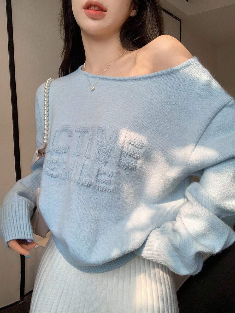 DAZY Women's Casual Asymmetric Collar Letter Pattern Sweater, Autumn/Winter - Blue - View 1