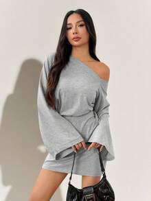 SHEIN PETITE Váy ngắn tay chuông cổ lệch màu thời trang dành cho nữ, hở vai, váy đi chơi, váy mùa thu dành cho nữ - Xám - Xem 1