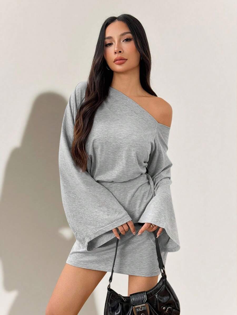 SHEIN PETITE Váy ngắn tay chuông cổ lệch màu thời trang dành cho nữ, hở vai, váy đi chơi, váy mùa thu dành cho nữ - Xám - Xem 1