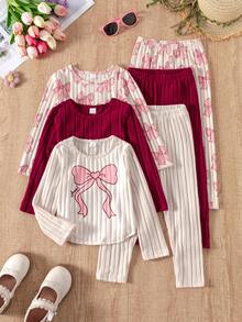 Elladie kids Bộ 3 món cho bé gái, gồm áo dài tay cổ tròn, vạt cong, họa tiết sọc kẻ, quần và nơ in hình hoa hồng đỏ trơn, kiểu dáng thời trang thường ngày. - Màu Đỏ Sâu - Xem 1