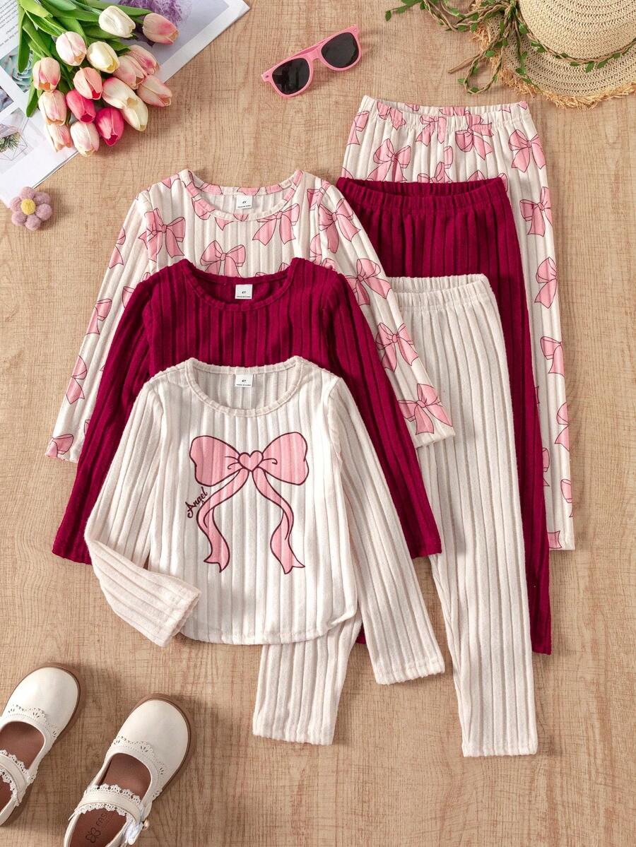 Elladie kids Bộ 3 món cho bé gái, gồm áo dài tay cổ tròn, vạt cong, họa tiết sọc kẻ, quần và nơ in hình hoa hồng đỏ trơn, kiểu dáng thời trang thường ngày. - Màu Đỏ Sâu - Xem 1