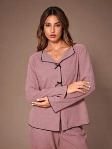 SHEIN 女士罗纹磨毛V领蝴蝶结长袖长裤睡衣套装，秋冬曲线睡衣套装，女士长袖睡衣两件套，舒适睡衣套装，长袖家居服套装，秋季服装 - 藕粉色 - 查看 6