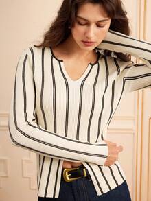 Lilora Women's Elegant Off-White Striped Long-Sleeved Pullover Sweater,Autumn Brunch Casual Chic,Old Money Style,Vintage Retro Boho,Modest Commuting Outing - Yellow - View 5