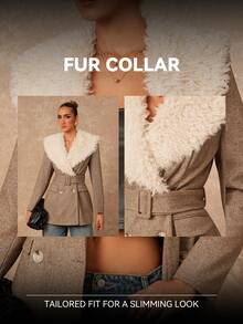 Lumalex 秋冬户外女装常规版型外套，配有仿羊羔绒领、腰带和口袋，女式粗花呢外套，女式外衣，女式粗花呢，舒适休闲，奢华百搭，适合舞会、聚会、宴会、低调奢华、闪耀夺目的节日派对、锐舞派对、音乐节、郊游、度假等场合，适合户外穿着，层次丰富，适合婚礼、宰牲节、新年等节日，适合寒冷天气，秋季新款女装 - 卡其色 - 查看 6