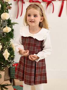 SHEIN Váy thu cho trẻ sơ sinh và bé gái, 6 tháng - 3 tuổi, họa tiết kẻ caro đỏ thời trang phong cách trường học có nơ 3D, cổ nhún bèo, tay bồng, thoải mái và mềm mại, thích hợp mặc vào mùa xuân, mùa thu, mùa đông, mặc thường ngày, làm quà tặng - Màu Đỏ Sâu - Xem 8