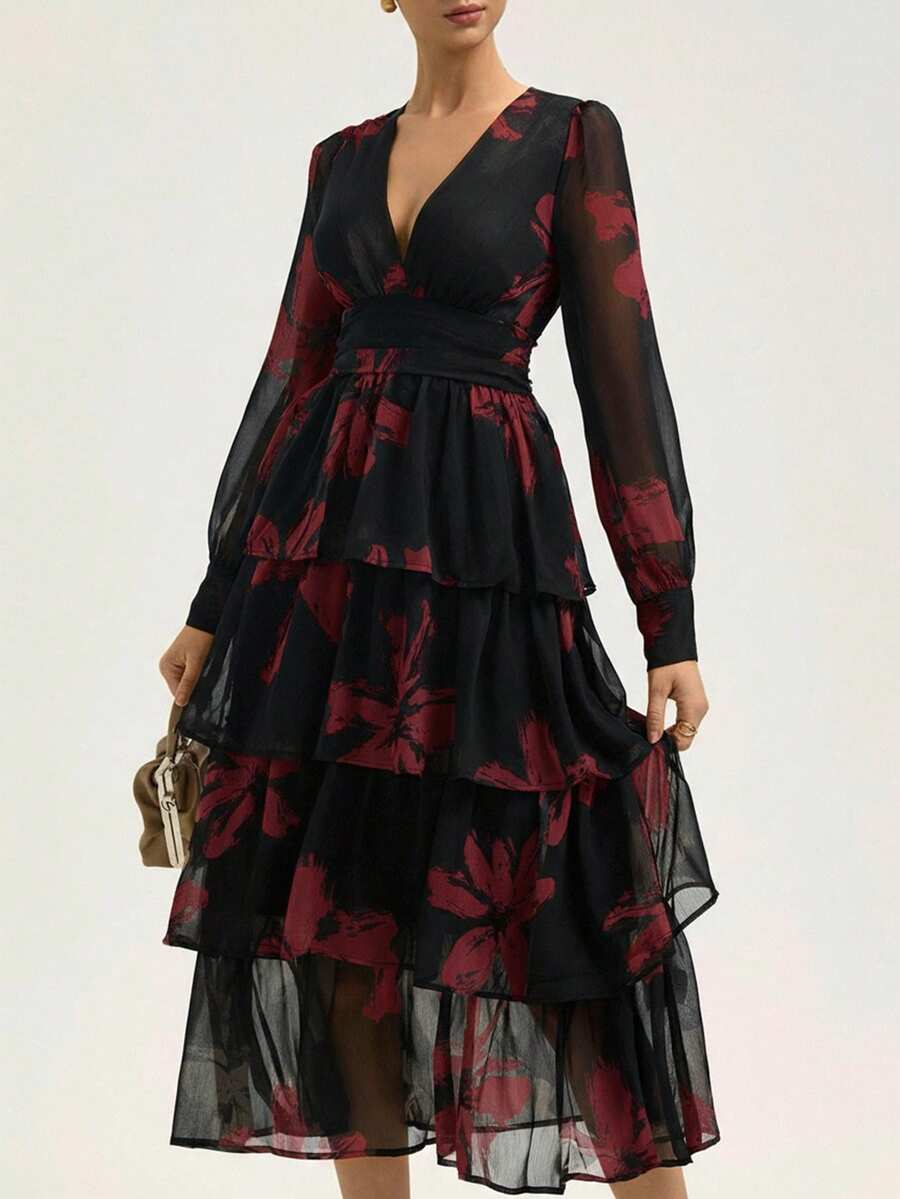 Revavyn 优雅淑女分层蛋糕连衣裙 V领雪纺拉丝印花长袖连衣裙/随机印花 - 彩色 - 查看 1