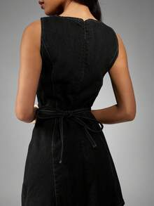 MISSGUIDED Sleeveless Rigid Denim Mini Dress With Tie Back Waist And Slashed Neck Detail For Summer Casual Occasions - Black - View 4