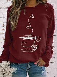 EMERY ROSE 女式休闲茶杯印花圆领加大码长袖T恤秋季图案T恤女式春季上衣 - 酒紅色 - 查看 1