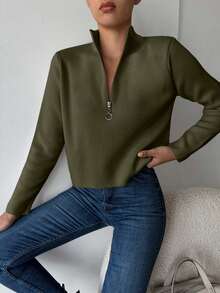 SHEIN Tall Maglione basic con mezza chiusura lampo, taglia alta, colore unito - Verde militare - Visualizzare 1
