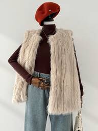 Auralis Chaqueta de chaleco de piel sintética color albaricoque, elegante, holgada y cómoda, de uso versátil diario, para mujeres de talla grande, ropa de invierno para mujeres, atuendos de invierno