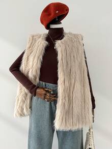 Auralis 大码女装秋冬时尚优雅宽松舒适日常百搭杏色人造毛皮马甲外套女士冬装冬装 - 杏色 - 查看 1