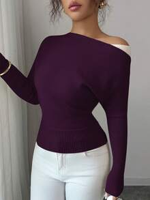 Elenzga Women's Colorblock Asymmetric-Shoulder Pullover Sweater, Elegant Vintage Style Suitable For Vacation And Holidays, Spring/Autumn - Red Violet - View 6