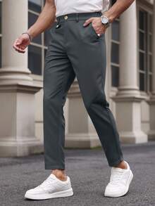 Manfinity Mode 男士休闲日常通勤纯色斜口袋西装裤 - 深灰色 - 查看 3