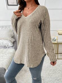 EMERY ROSE Plus Size Women's Casual V-Neck Long Sleeve Ribbed Knit T-Shirt, Solid Color, Versatile For Daily Wear, Spring/Autumn - Apricot - View 7