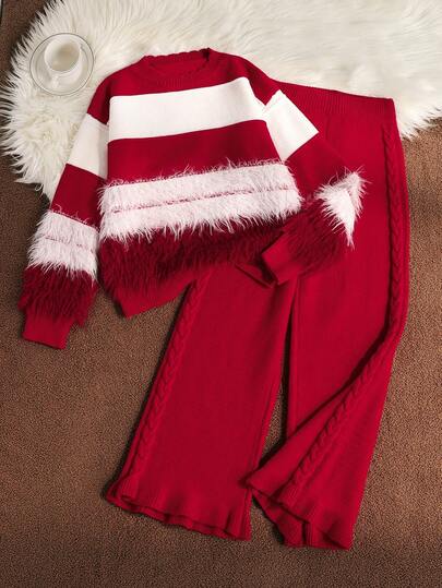 2pcs/Set Girls Red And Red And White Contrast Color Knitted Sweater Ruffle Hem Pants Suit,Cute Family Matching Autumn Outfit,Cozy Winter Knit Set